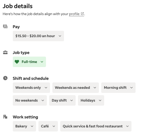  Indeed's user interface with complex button representing the various properties of a job posting